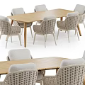 Modern Wooden Dining Table Set With Rattan Chairs And Light Gray Cushions
