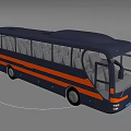 Blue And Orange Striped Bus With Spacious Seating And Modern Design