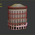 Cartoon Scene of Multi Story Curved Corner Building With Storefront Awnings and Tiled Roof