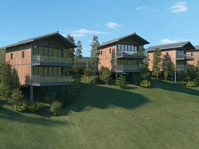 Modern Detached Villa With Wooden Exterior Large Windows Balconies Lush Green Lawn And Blue Sky 3d model