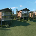 Modern Detached Villa With Wooden Exterior Large Windows Balconies Lush Green Lawn And Blue Sky