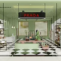 Prada Luxury Clothing Store Interior With Display Shelves And Fashion Apparel