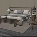 Natural Style Double Bed with Wicker Headboard Wooden Floor Area Rug Bedside Lamp and Chair