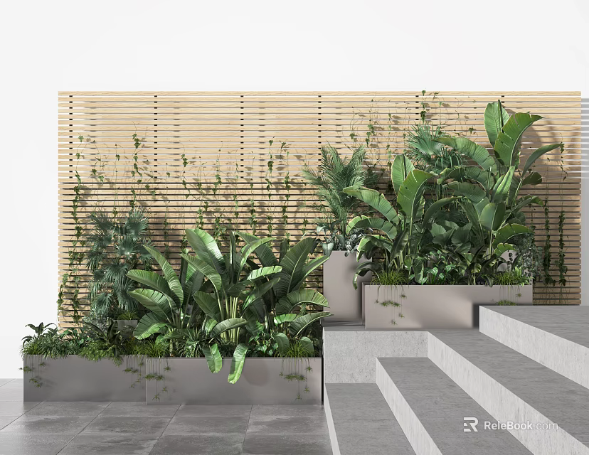 Lush Green Plants in Potted Planters with Wooden Slat Screen and Stone Steps 3d model 