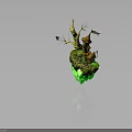 Enchanted Treehouse Building On Floating Island With Withered Tree Small Flag And Green Glowing Crystals