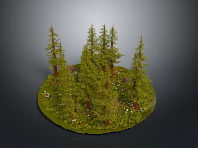 Pine Forest Scene With Circular Grassy Area And Small Flowers 3d model