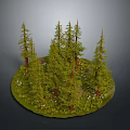 Pine Forest Scene With Circular Grassy Area And Small Flowers