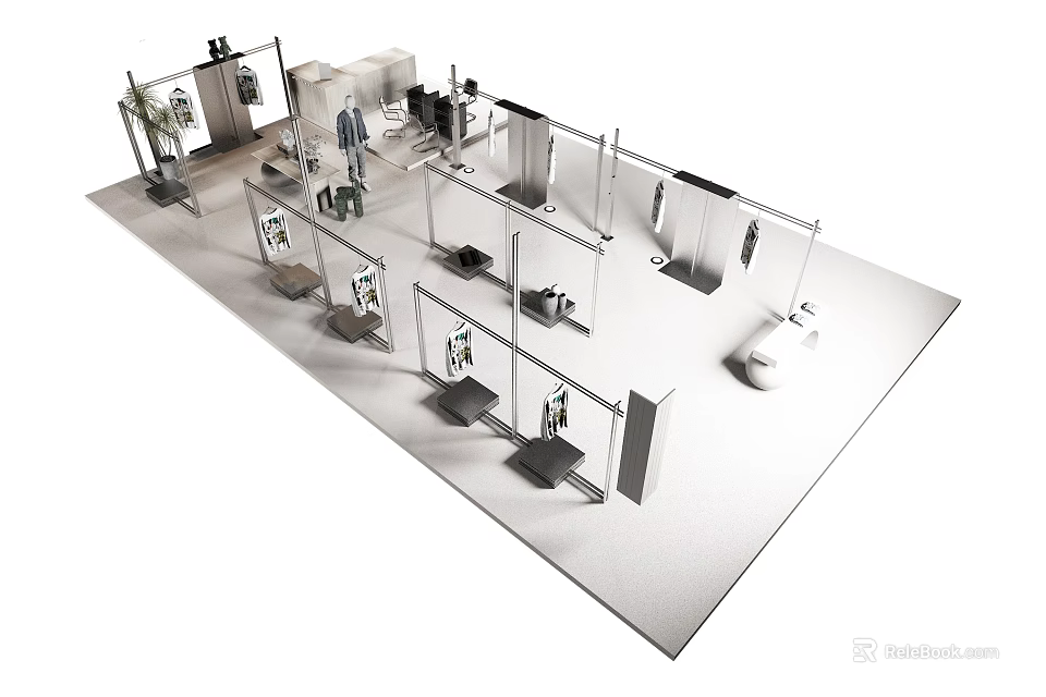 Modern Clothing Store Interior With Display Racks Hanging Clothes And Mirrors 3d model