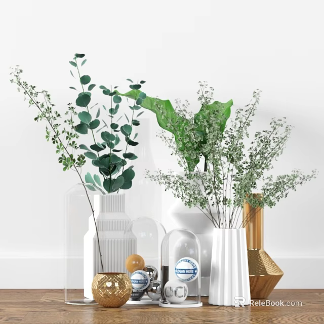 Modern White and Transparent Vases with Green Plants and Golden Decor 3d model 