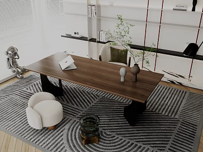 Modern Study Room Interior With Wooden Desk Comfortable Chair White Bookshelf And Geometric Rug 3d model