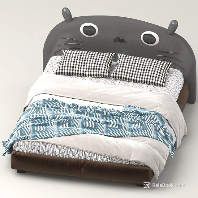 Cute Cartoon Animal Headboard Bed With Checkered Pillows Blue White Blanket And Geometric Sheets 3d model 