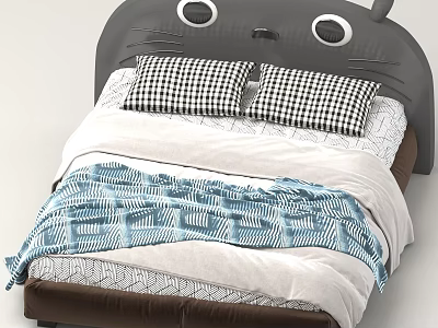 Cute Cartoon Animal Headboard Bed With Checkered Pillows Blue White Blanket And Geometric Sheets 3d model