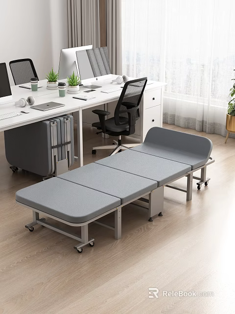 Foldable Office Bed In Modern Workspace With Desk Chair And Potted Plants 3d model 