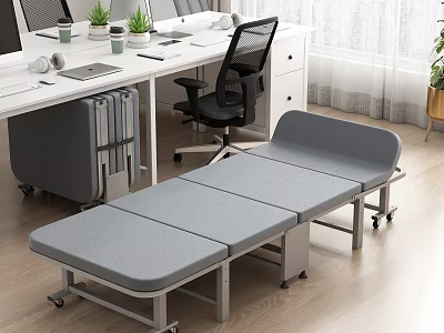 Foldable Office Bed In Modern Workspace With Desk Chair And Potted Plants 3d model