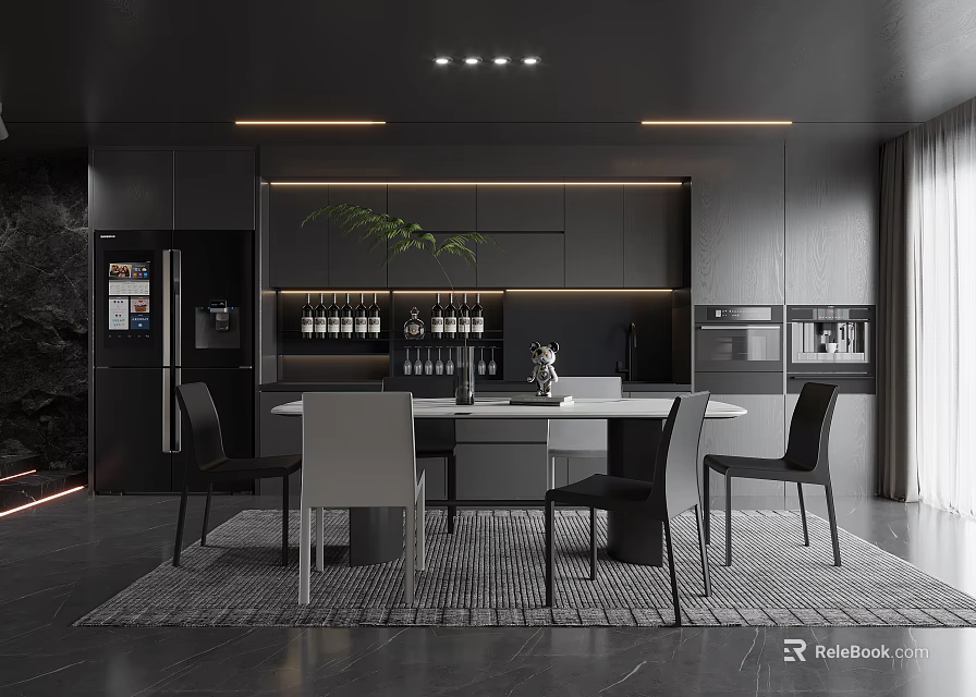 Modern Restaurant Interior Design Featuring Open Concept Black Cabinets Marble Dining Table And Chairs 3d model