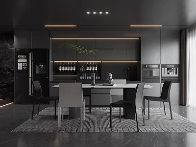Modern Restaurant Interior Design Featuring Open Concept Black Cabinets Marble Dining Table And Chairs 3d model