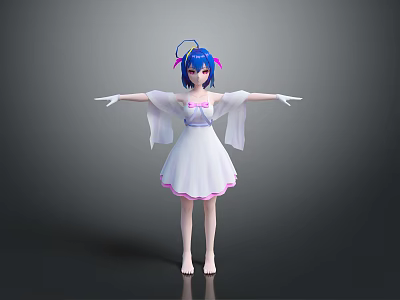 Anime Style Game Movie Character With Blue Hair White Dress Pink Trim And Arms Outstretched 3d model