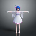 Anime Style Game Movie Character With Blue Hair White Dress Pink Trim And Arms Outstretched