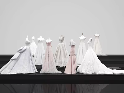 Elegant White And Pink Formal Dresses On Mannequins With Long Flowy Skirts 3d model