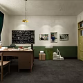 Vintage Office Interior With Wooden Desk Chairs Globe Calendar Blackboard And Green Curtains