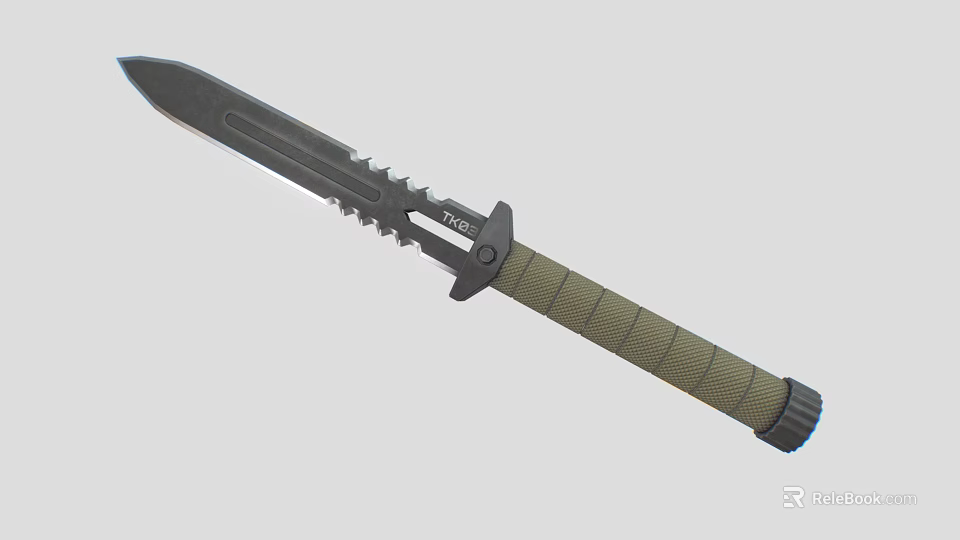Tactical Military Style Weapon Knife With Black Serrated Blade Green Textured Grip And Durable Construction 3d model 