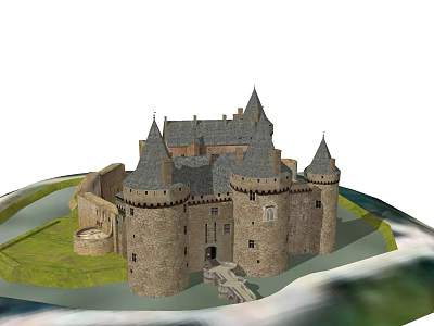 Ancient Castle Architecture With Pointed Roof Towers Stone Walls And Grass Water Surroundings 3d model