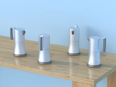 Four Silver Coffee Pots On Wooden Tabletop With Light Blue Wall Background 3d model