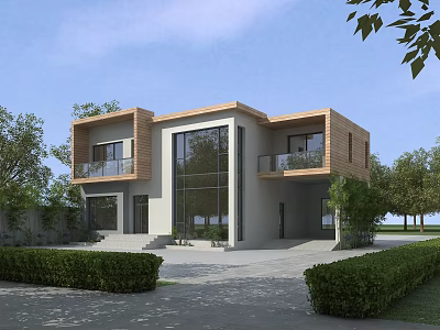 Modern Detached Villa Exterior Design With Large Glass Windows Wooden Panels Balconies And Surrounding Greenery 3d model
