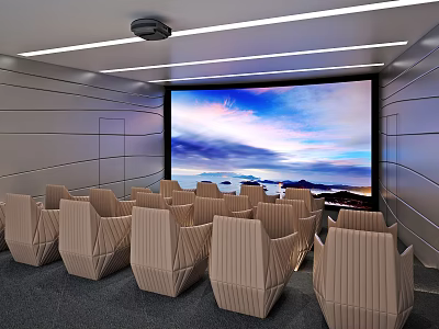 Luxurious Home Theater With Large Projection Screen Comfortable Seats Gray Paneled Walls Ceiling LED Lighting 3d model