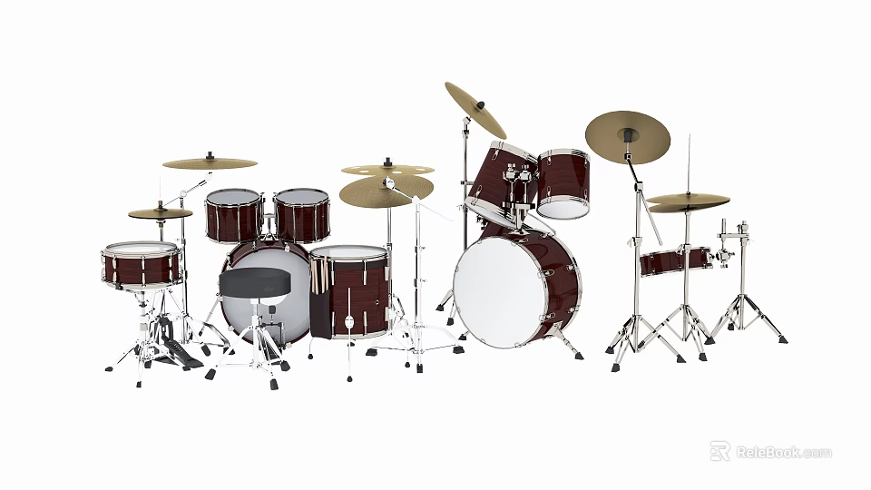 Classic Wooden Drum Set Musical Instrument With Multiple Drums Cymbals Stands And Pedals 3d model 