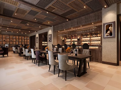 Cozy Café Interior Design With Wine Racks Tables Chairs Ceiling Lights And Paintings 3d model