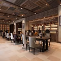 Cozy Café Interior Design With Wine Racks Tables Chairs Ceiling Lights And Paintings