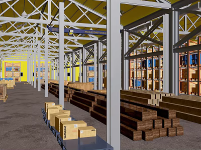 Warehouse Storage Space With Steel Structure Roof Yellow Walls And Shelves Boxes Pallets 3d model