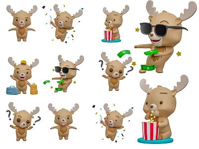 Cute Deer Figurine Ornament Set with Various Poses Popcorn Bucket Sunglasses Confetti Stars Decorations 3d model