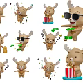 Cute Deer Figurine Ornament Set with Various Poses Popcorn Bucket Sunglasses Confetti Stars Decorations