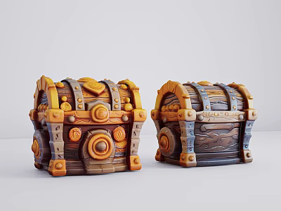 Carved Decorative Treasure Chests with Wooden Bodies and Metal Accent Details 3d model