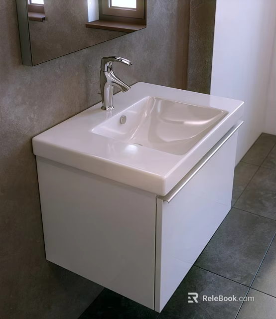 Modern White Bathroom Sink with Silver Faucet and Gray Tile Floor 3d model 