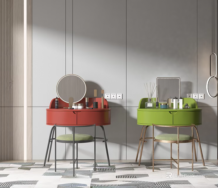 Red and Green Dressing Tables With Mirrors Stools and Decorative Items on Gray Wall Background 3d model 
