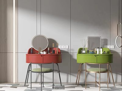 Red and Green Dressing Tables With Mirrors Stools and Decorative Items on Gray Wall Background 3d model