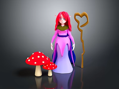 Magical Fairy With Red Hair Pink Purple Dress Red White Spotted Mushrooms Heart Shaped Staff 3d model