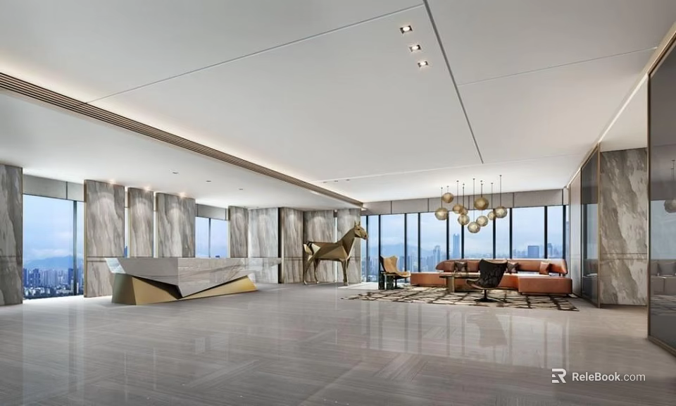 Modern Front Desk Reception Area With Marble Desk Sofa Chandelier And Spacious Interior 3d model 