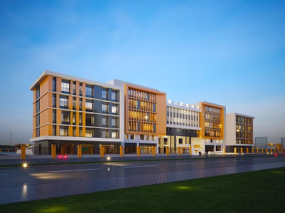Modern Multistorey School Building With Glass Curtain Wall Yellow Exterior Lawn Road And Streetlights 3d model