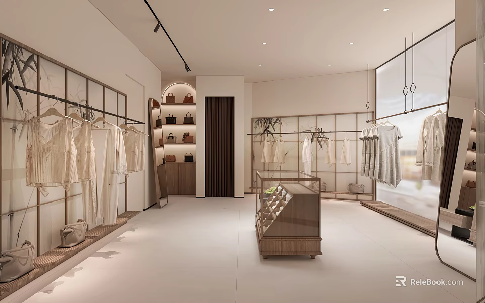 Bright Minimalist Modern Women Clothing Store Interior With Tidy Garments And Handbag Display Design 3d model 