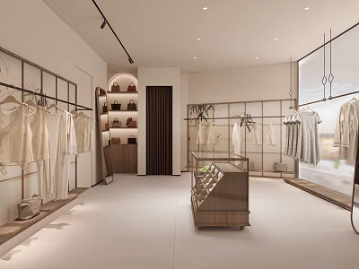 Bright Minimalist Modern Women Clothing Store Interior With Tidy Garments And Handbag Display Design 3d model