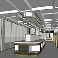 Modern Restaurant Interior With Open Layout Wooden Railings Gray Walls And Ceiling Lights