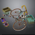 Vintage Bicycle With Yellow Basket Green Crate Blue Bucket And Colorful Mat