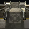 Modern Escalators And Staircase Design In Public Area With Marble Floor And Green Tiled Walls