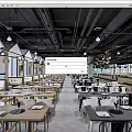 Modern Restaurant Interior Design With Open Layout Wooden Tables Chairs Hanging Lights And Green Plants