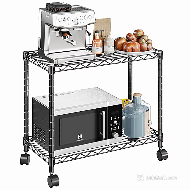 Two Tier Black Metal Wire Shelving Unit With Wheels For Kitchen Appliances And Fruits 3d model 