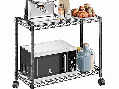 Two Tier Black Metal Wire Shelving Unit With Wheels For Kitchen Appliances And Fruits 3d model